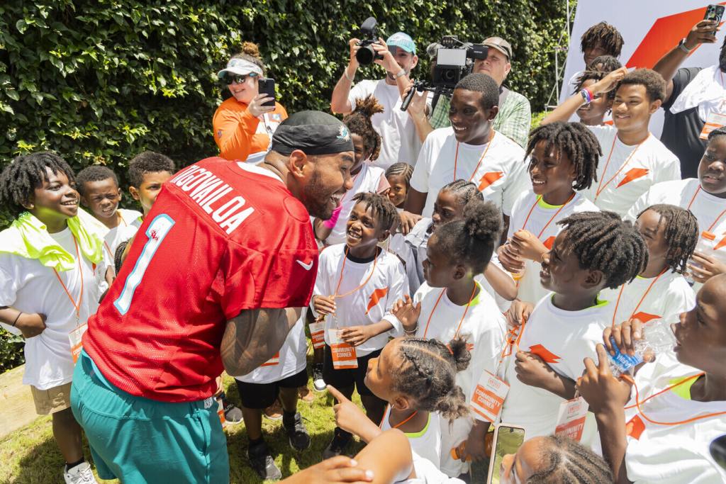 Miami Dolphins quarterback Tua Tagovailoa surprised local youth from Boys &amp; Girls Clubs of Miami-Dade at the Gatorade “Get Fit for School” event to help distribute backpacks, school supplies and sports equipment on Thursday, August 1, 2024 in Miami, FL.
